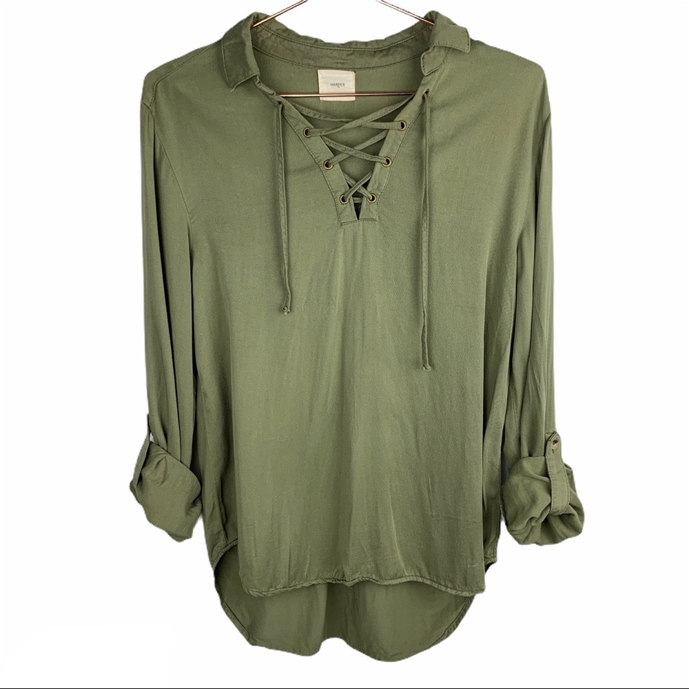 Harper Lace-Up V-Neck Roll Tab‎ SleeveTop